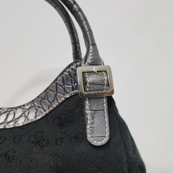 Guess Vintage Black Logo Mini Shoulder Bag Silver G Buckle Croc Embossed Y2K - Picture 6 of 13